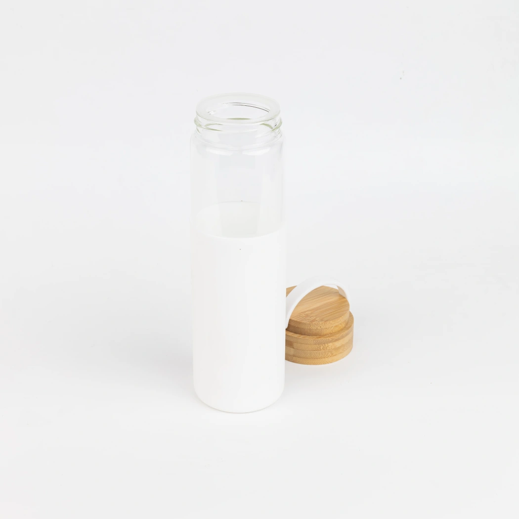 Бутылка стеклянная с силиконовой манжетой и бамбуковой крышкой  Glass, белая