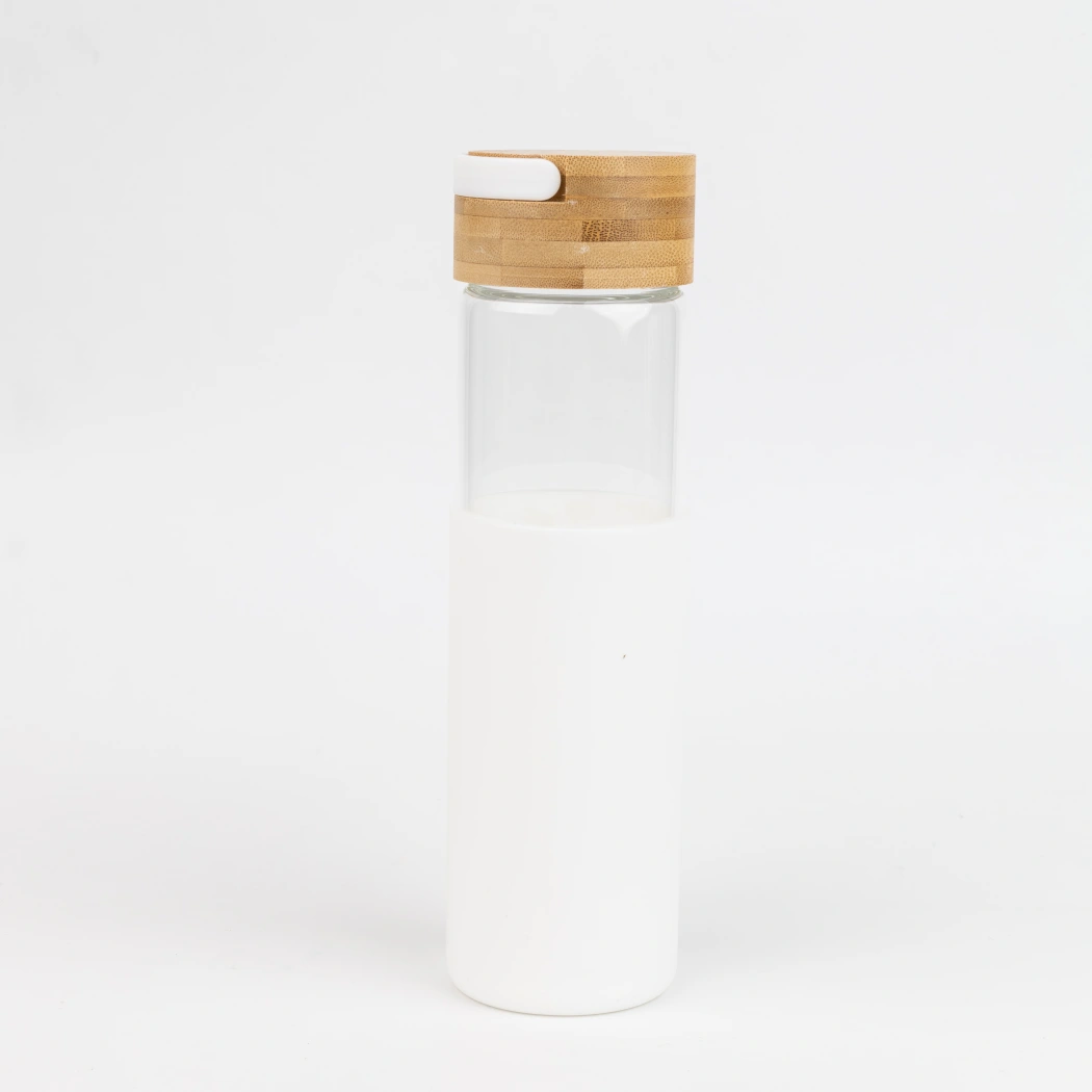 Бутылка стеклянная с силиконовой манжетой и бамбуковой крышкой  Glass, белая