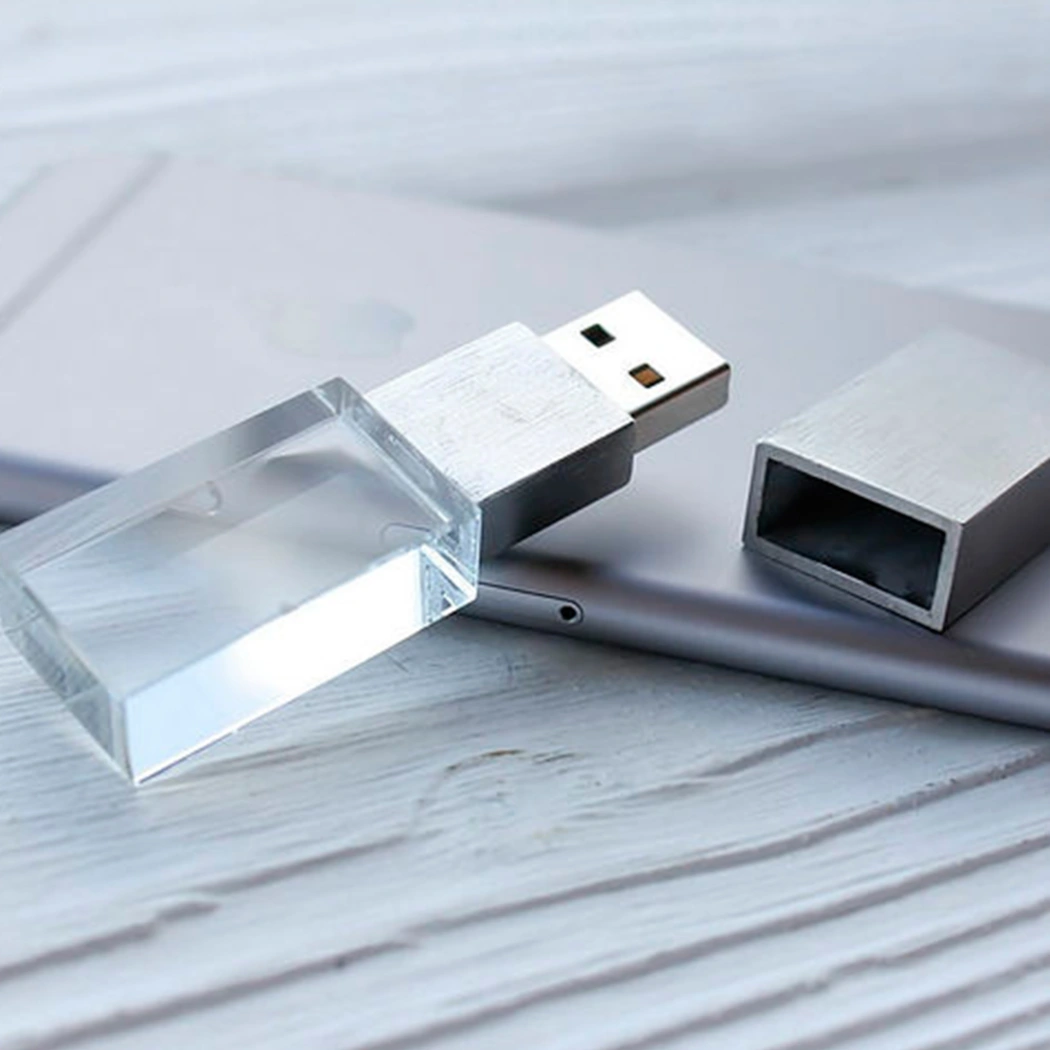 Флеш накопитель USB 2.0 Кристалл, металл/стекло, прозрачный/серебристый, подсветка белым,16 GB