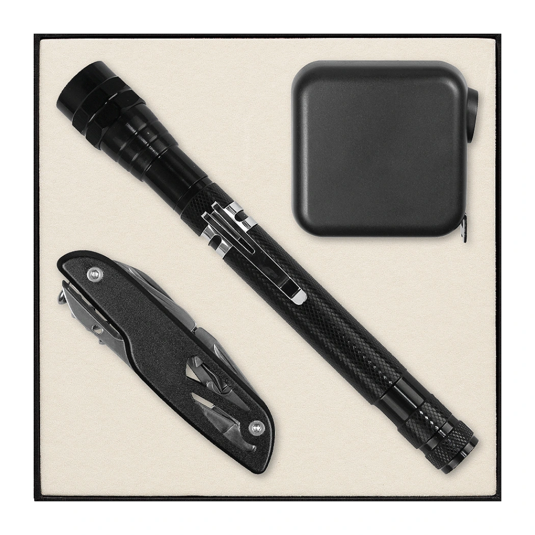 Набор подарочный Solution Superior Trio (Фонарь телескопический Tools Flashlight, рулетка Tools Master, 3 метра, нож складной многофункциональный Tools Driver, 7 в 1) черный