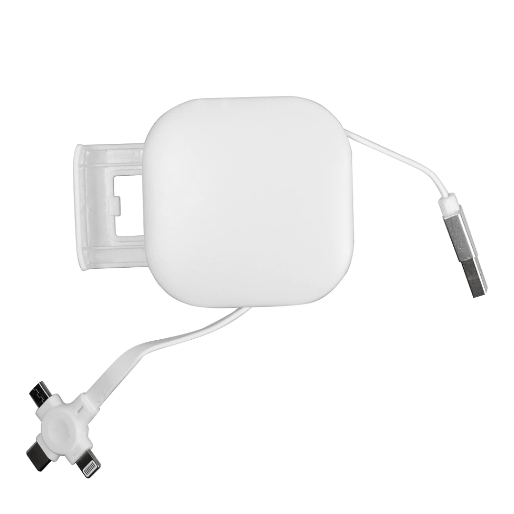 Кабель зарядный выдвижной USB Wingle 3-в-1 на Lightning, Micro-USB, Type-C «U50» 2,4 A, Quick Charge с подставкой для телефона, квадратный, белый
