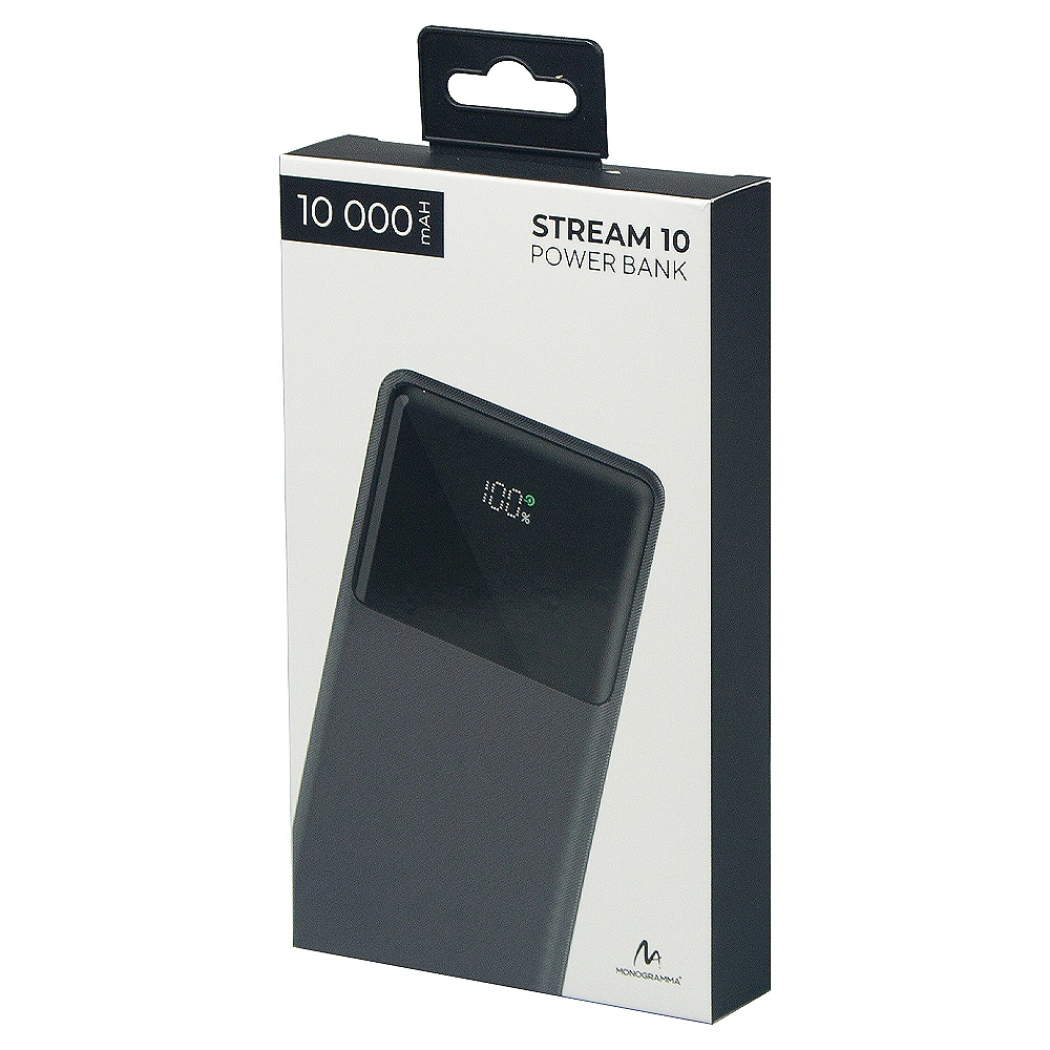 Внешний аккумулятор (powerbank)  «Stream 10»,  10 000 mAH, с двумя зарядными шнурами,  22,5W (Ватт)  super fast charge, Power Delivery (PD) 25.5W (dfnn),  c цифровым дисплеем для контроля заряда, черный